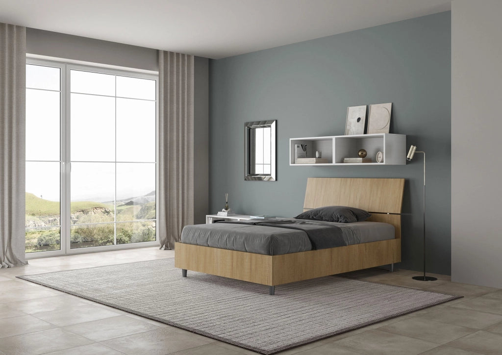 Letto 1 Piazza e Mezzo 120x200 cm con Rete e Contenitore Testata Inclinata Demas Quercia Natura