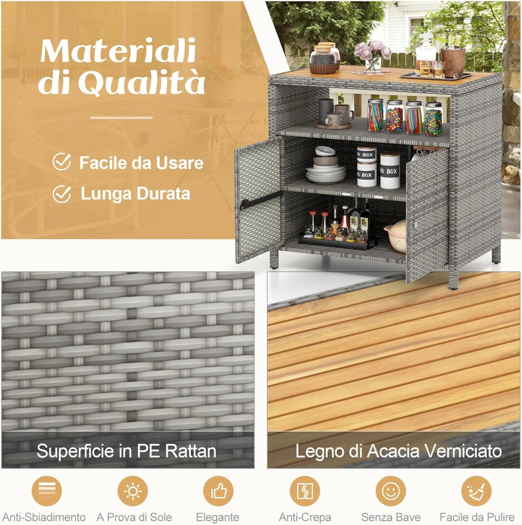 Armadietto Portaoggetti in Rattan, Mobile Buffet per Esterni in Legno di Acacia, con Compartimento Aperto e Armadio Chiuso a 2 Ante, per Piscina, Terrazza e Patio, 90 x 53 x 86 cm (Grigio)