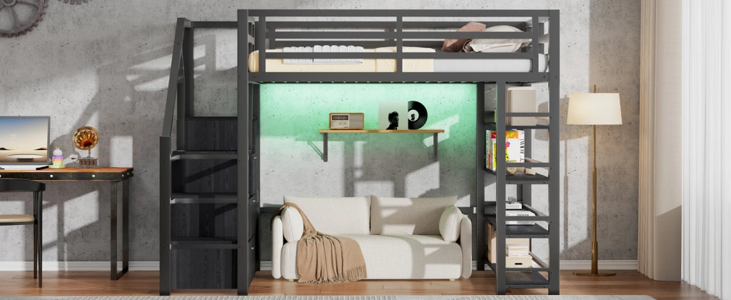 DESMIU Letto a soppalco 140 × 200 cm 2 posti con scaffali, armadio e LED, senza materasso, in metallo, nero