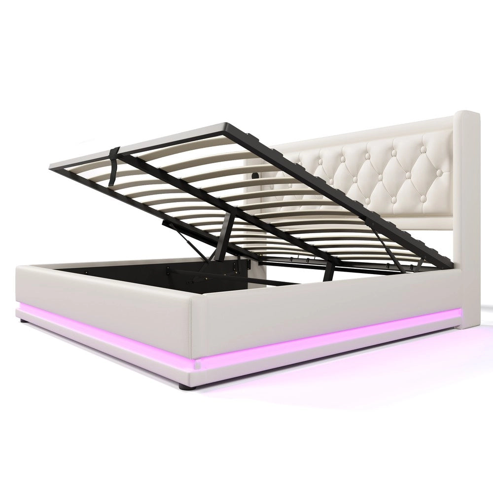 Letto Contenitore Matrimoniale Imbottito con LED e USB ¨C Xylo ¨C Bianco, 140x200, Idraulico, Similpelle