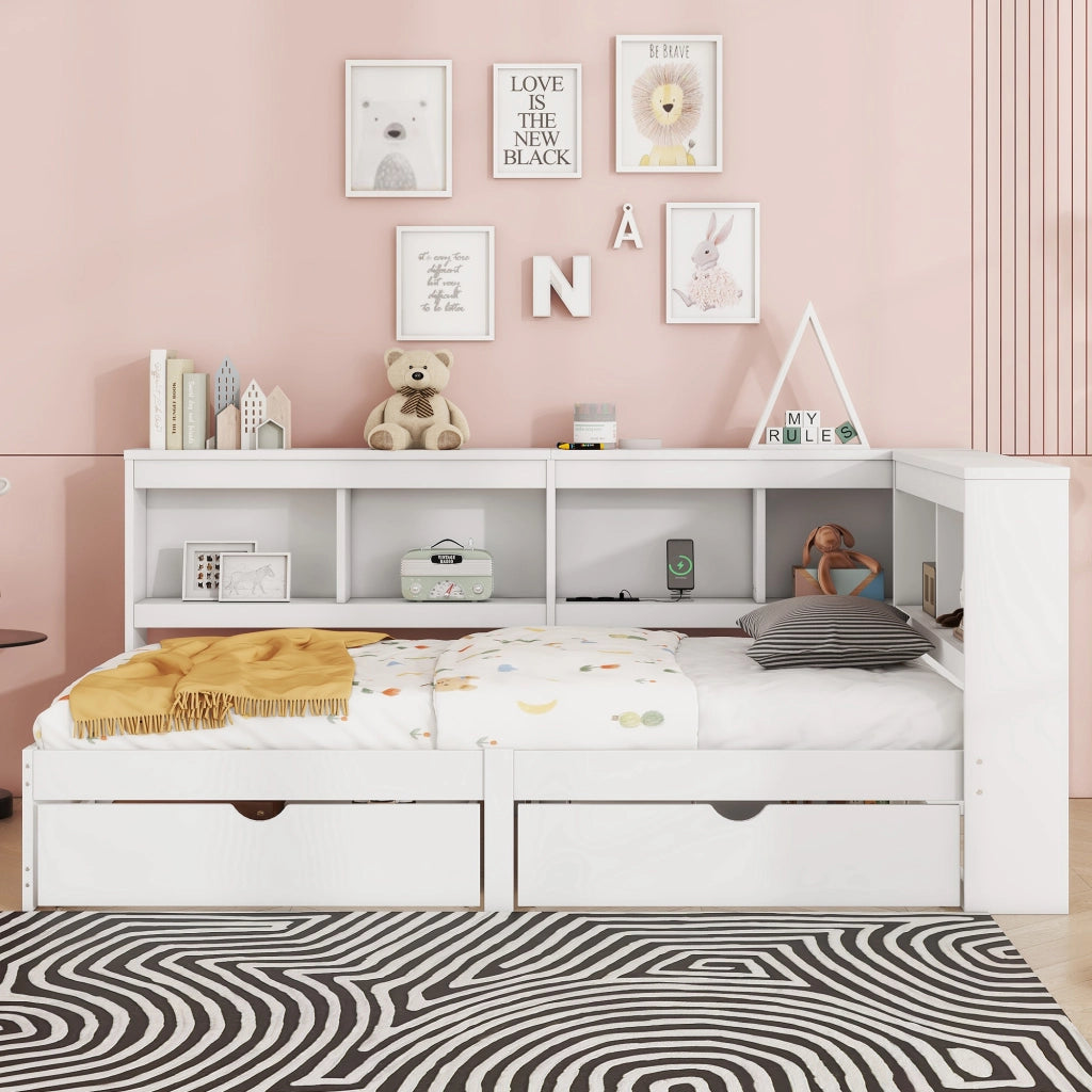 Letto a Divanetto 90x200 cm; Letto Singolo con 2 Cassetti; Presa e 2 USB; Bianco