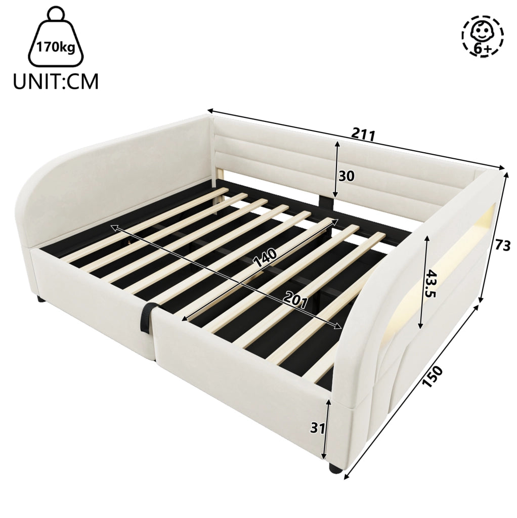 Letto imbottito 140x200 cm con contenitore idraulico e LED; in flanella beige