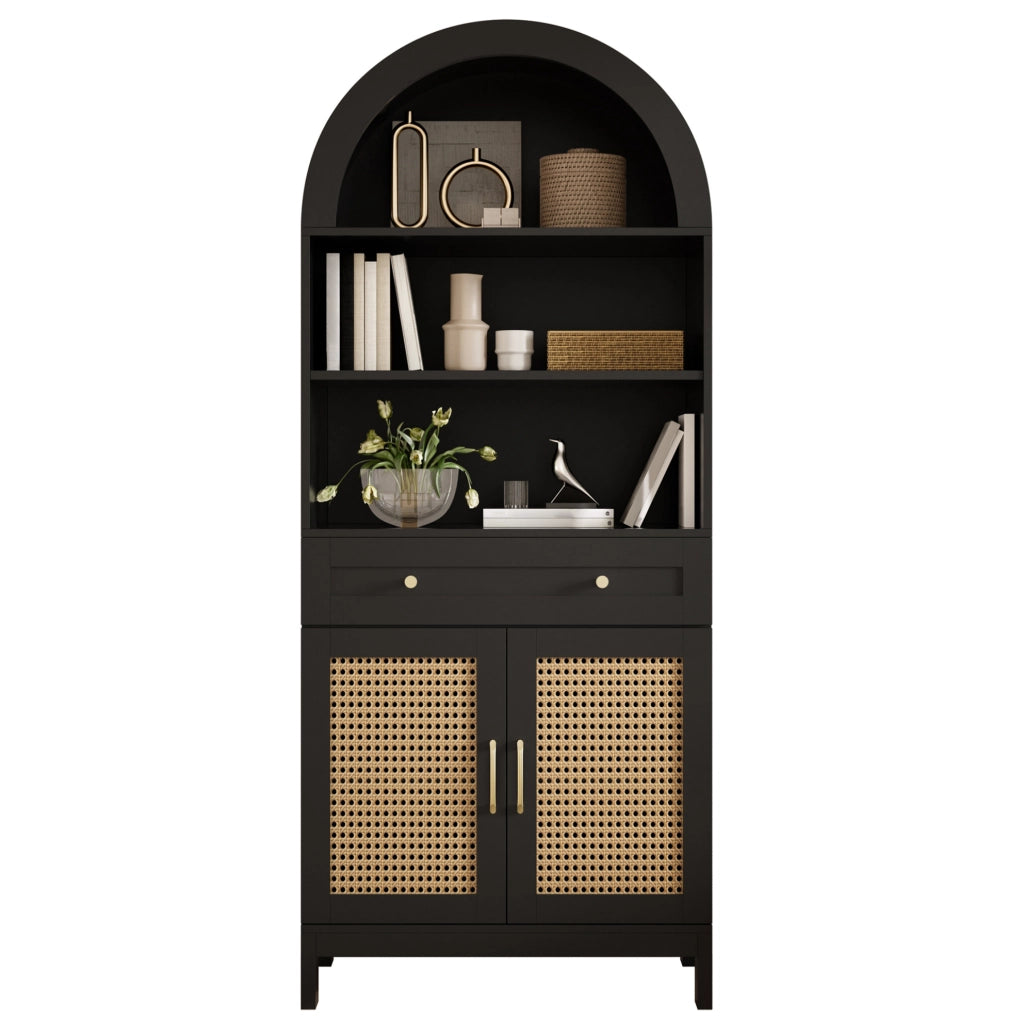 Vetrina con ante in rattan nero e legno, 70 x 40 x 170 cm