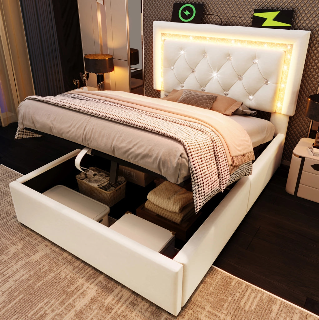 Letto imbottito 90x200 cm beige con LED, USB-C, vano contenitore e rete