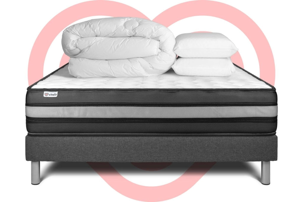 Pacchetto letto completo - Materasso 140x190cm + Box spring con doghe (kit) + 2 cuscini + Piumino - Vital Power Zen