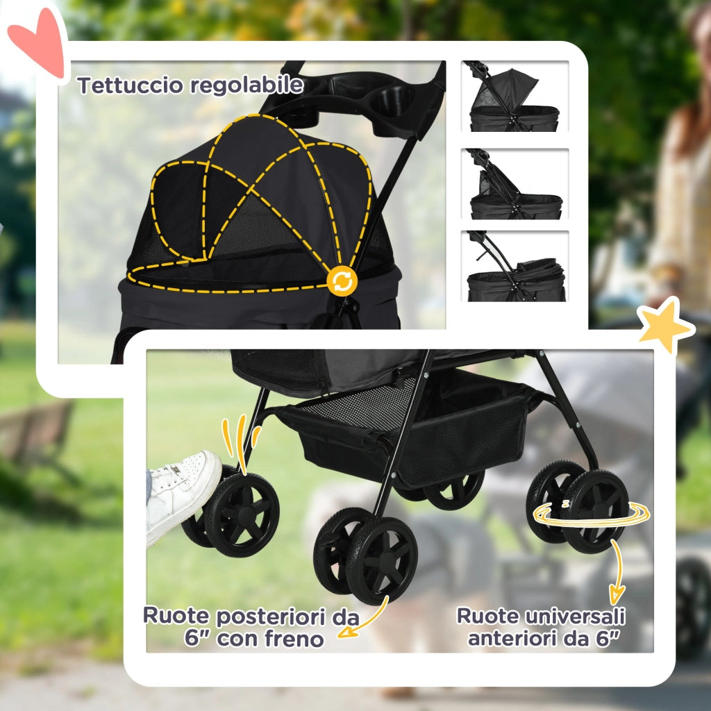 Passeggino per Cani Piccoli Pieghevole con Guinzaglio e Cestino Nero
