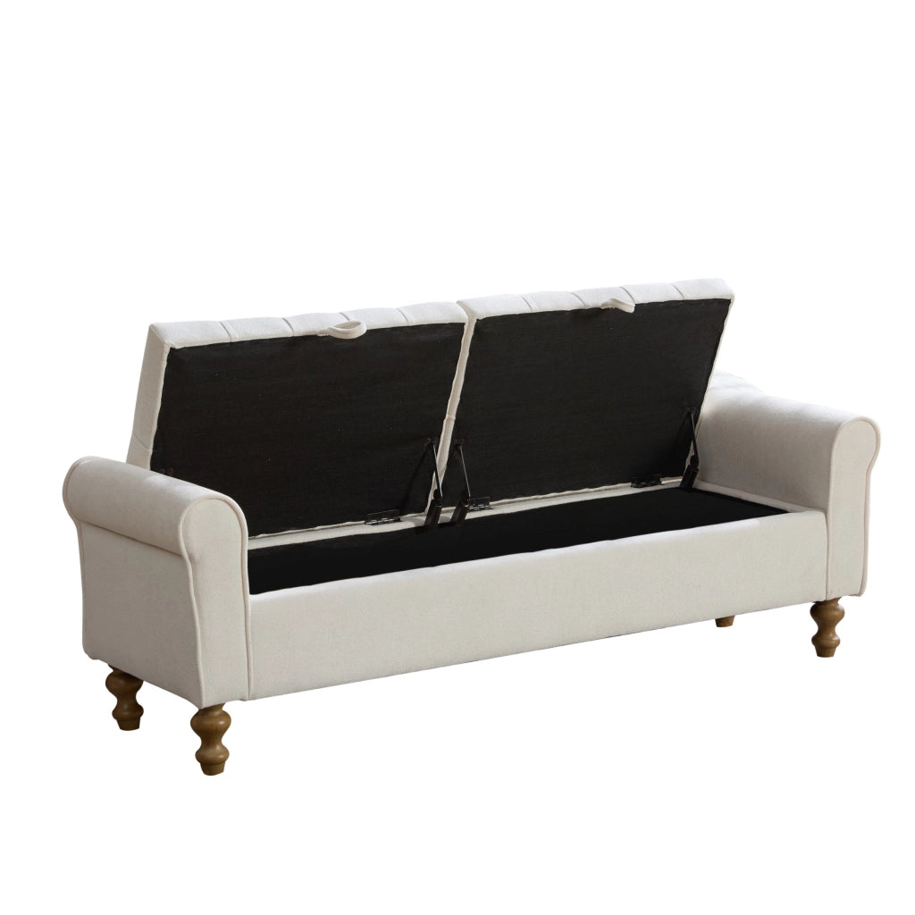 Panca contenitore ¨C Minimal ¨C Beige velluto con gambe in legno