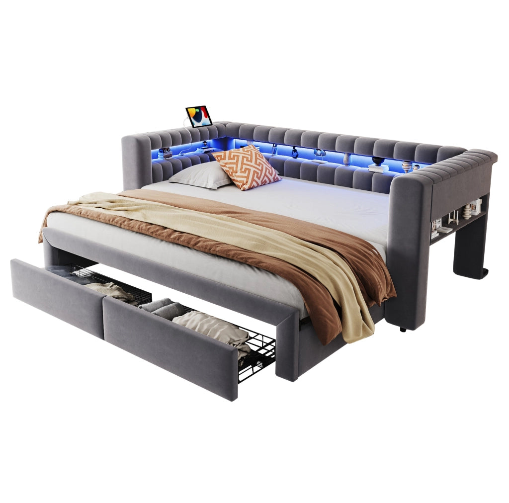 Divano letto multifunzione 90x190 cm estraibile; con cassetti; LED; USB; in velluto grigio