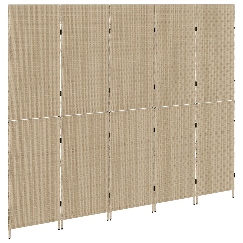 Paravento 5 Pannelli Pieghevole Beige 245x180 cm Poly Rattan
