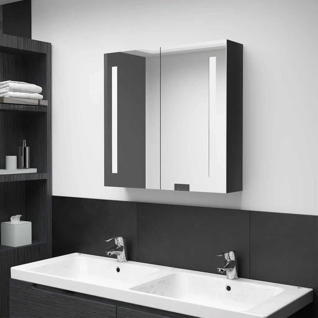 Armadietto Bagno con Specchio e LED Nero Lucido 62x14x60 cm cod mxl 77260