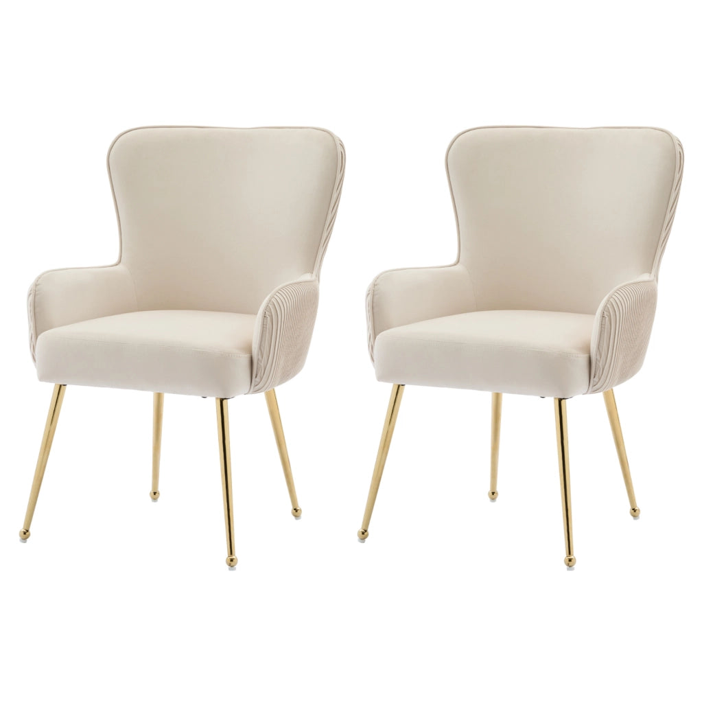Set di 2 sedie con braccioli in velluto beige e oro