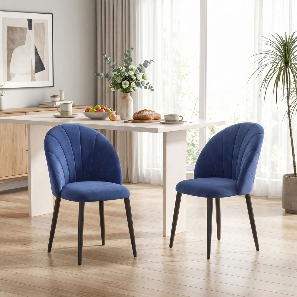 Set 2 Sedie da Pranzo Imbottite con Schienale a Conchiglia in Velluto, 52x55x79 cm, Blu