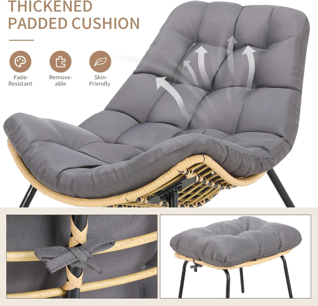 Sedia a sdraio con sgabello, in rattan, resistente alle intemperie, fino a 120 kg, poltrona da balcone con cuscino rimovibile, cuscino impermeabile, per giardino, balcone, soggiorno, cortile