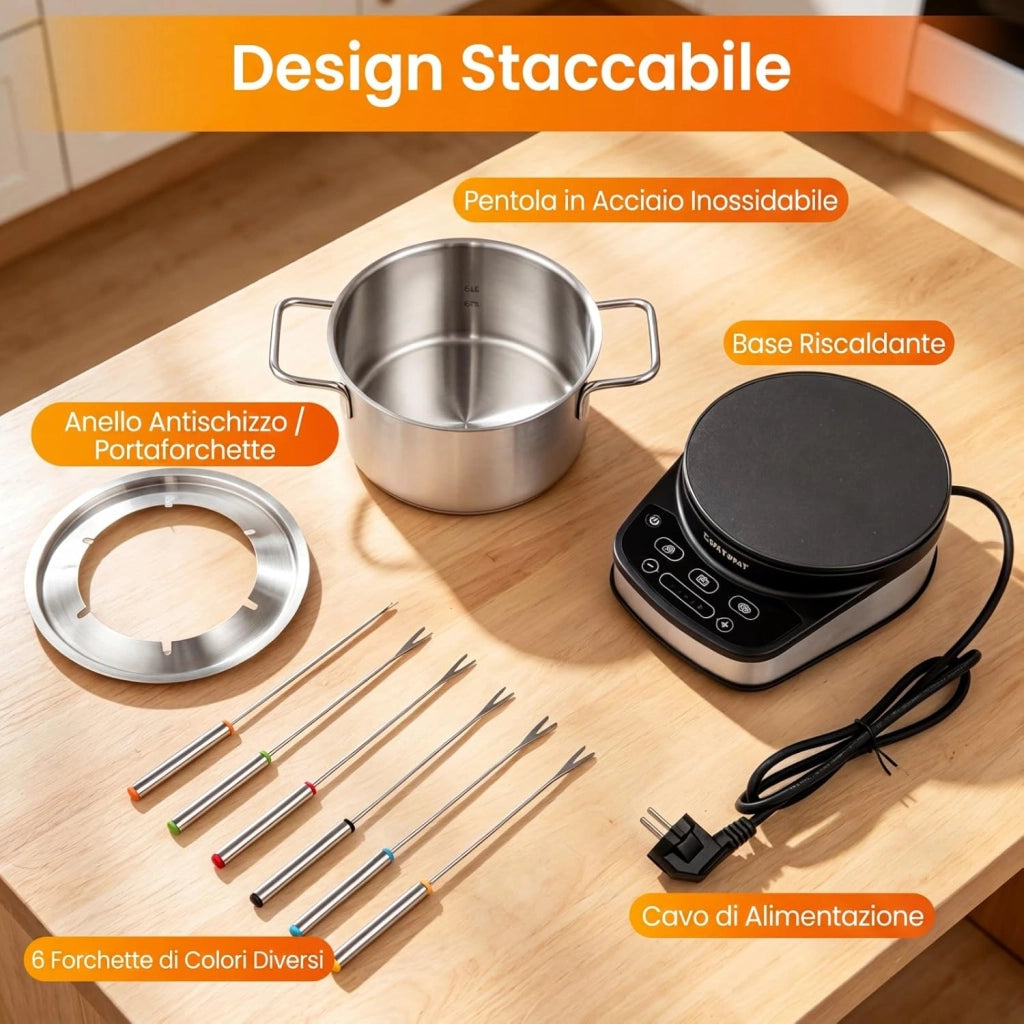 COSTWAY 3 L Set Fonduta Elettrica, Fondue per Formaggio, Bourguignonne, Cioccolato con 6 Forchette, Pentola Antiaderente e Paraspuzzi, Temperatura Regolabile, in Acciaio Inox, Rimovibile e Lavabile