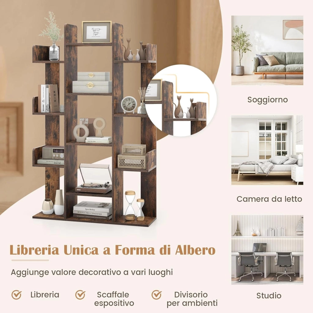 Libreria a Forma di Albero, Scaffale Multiuso con 13 Ripiani Aperti, Scaffale Decorativo Autoportante a Cubo per Soggiorno Studio o Ufficio, 86x24,5x141 cm (Marrone)