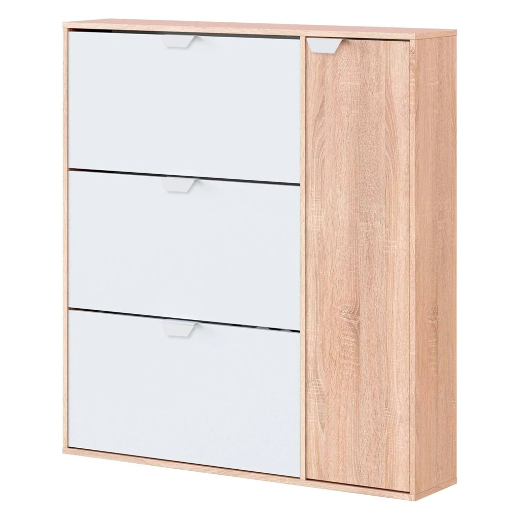 Scarpiera Multiuso 3 Ribalte Con Anta Laterale A 5 Ripiani Regolabili Mobiletto Salvaspazio Per Ingresso Camera Contiene Fino A 30 Paia Di Scarpe Design Moderno 112 x 105 x 24 Cm Rovere E Bianco
