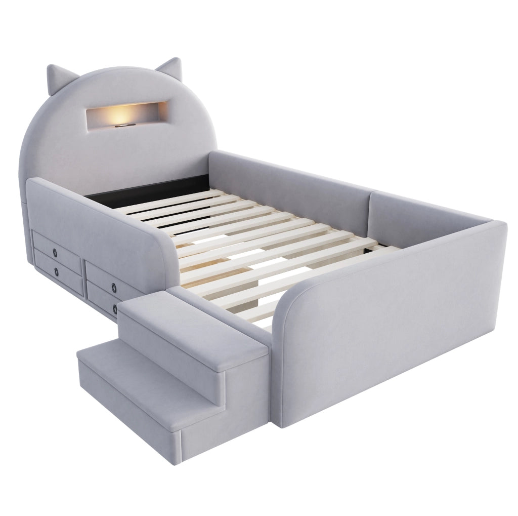 Letto imbottito per bambini 90x200 cm in velluto grigio chiaro con testiera a orecchie; USB; luce e cassetti