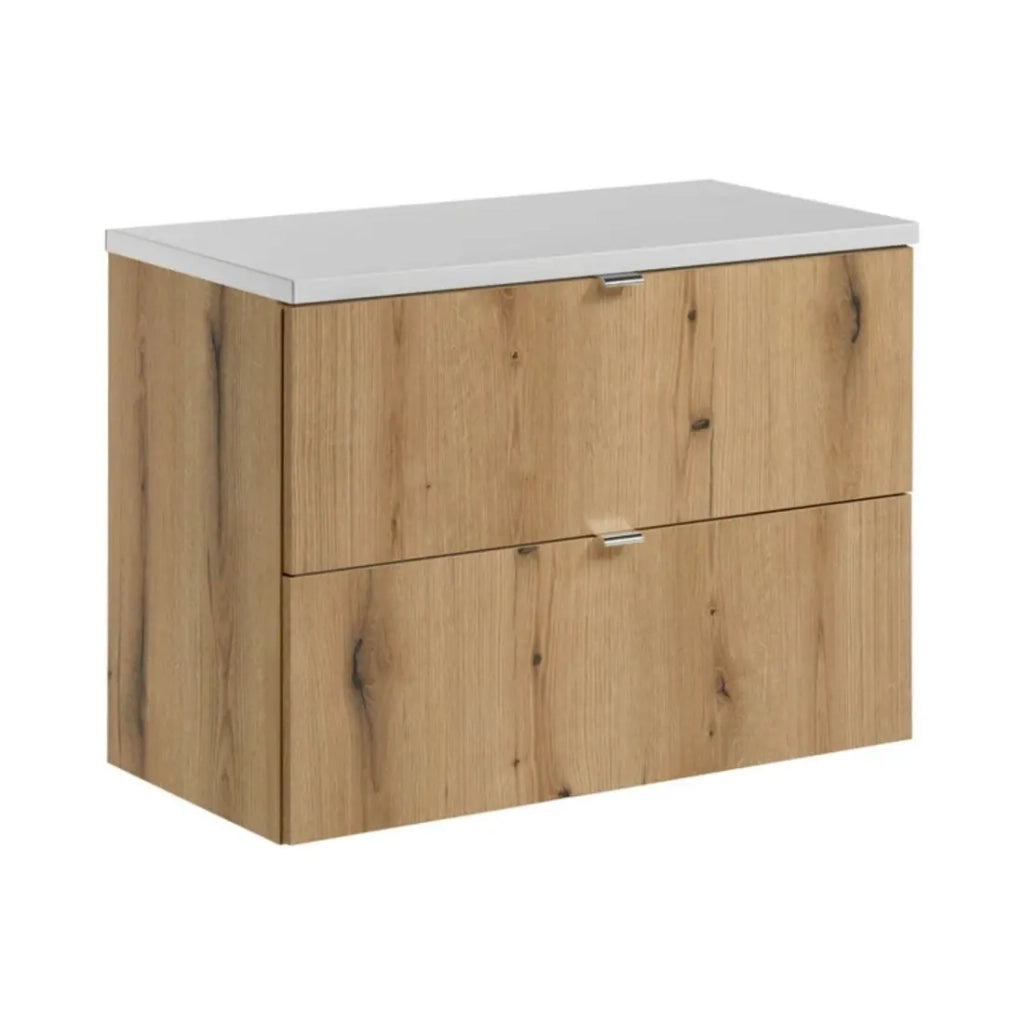 Set da bagno sospeso VANO in rovere e bianco 80cm: mobili sottolavabo con cassetti + piano per lavabo