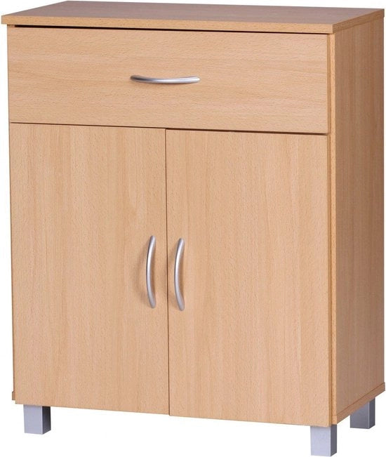 Comodino - Halkast - Cassetto - Porte scorrevoli - Beuken - Marrone/Bianco - Scomparto laterale