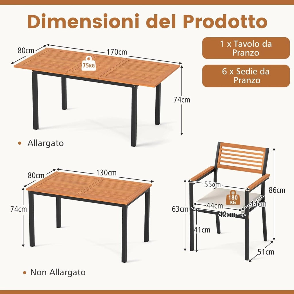 Tavolo Allungabile e 6 Sedie da Esterno, Pranzo da Giardino in Legno Massello, Tavolo con Foro per Ombrellone e Poltrone con Cuscini, Schienale e Braccioli, per Balcone e Cortile