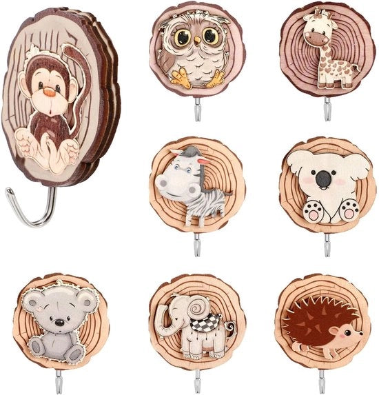 Hanger per abbigliamento 8 pezzi - Hanger autoadesivi - Hanger in legno - Forma animale - Hanger da parete - Per bagno/cucina
