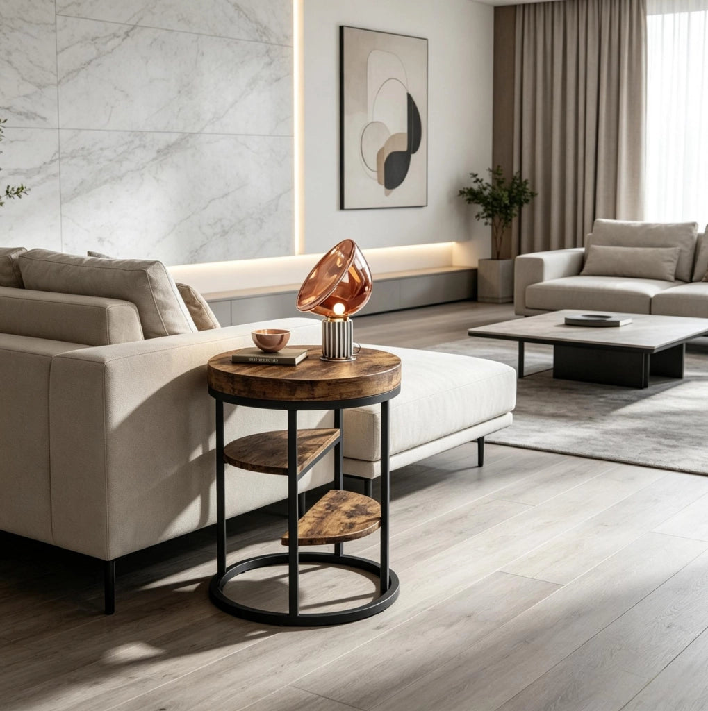 Tavolino laterale rotondo Ø 50 cm in metallo e legno marrone rustico