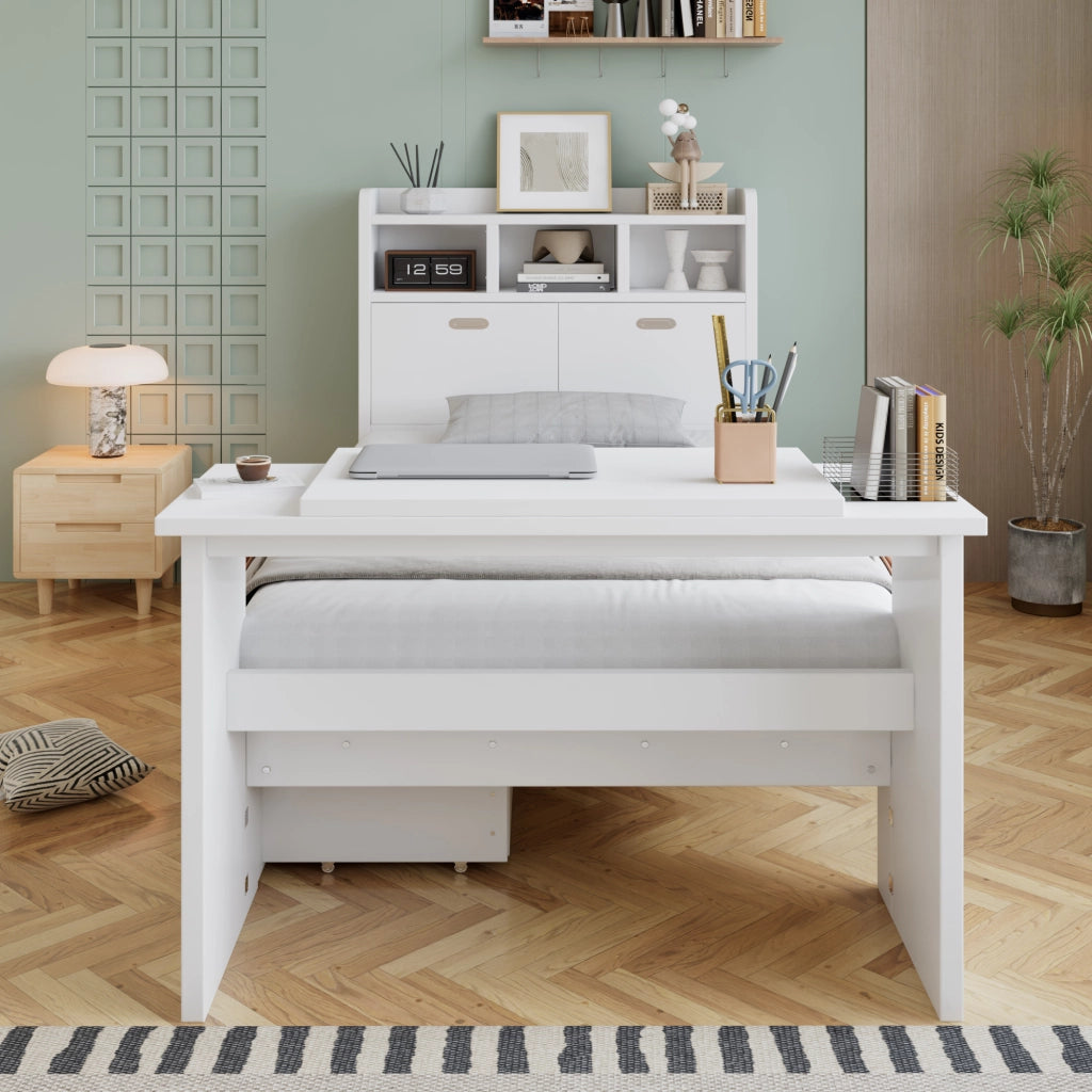 Letto con Cassetti 90x200 cm; Letto Singolo - Tavolo Pieghevole e Mensole - Bianco