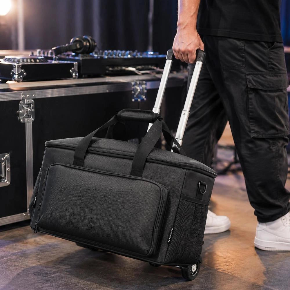 DJ Equipment Rolling Case Bag With Wheels And Handle, 1680D Oxford Cloth With Padded Bottom, 6 Adjustable Dividers, 3 Outer Pockets For Cables Instruments Accessories, 54x24x26 Cm