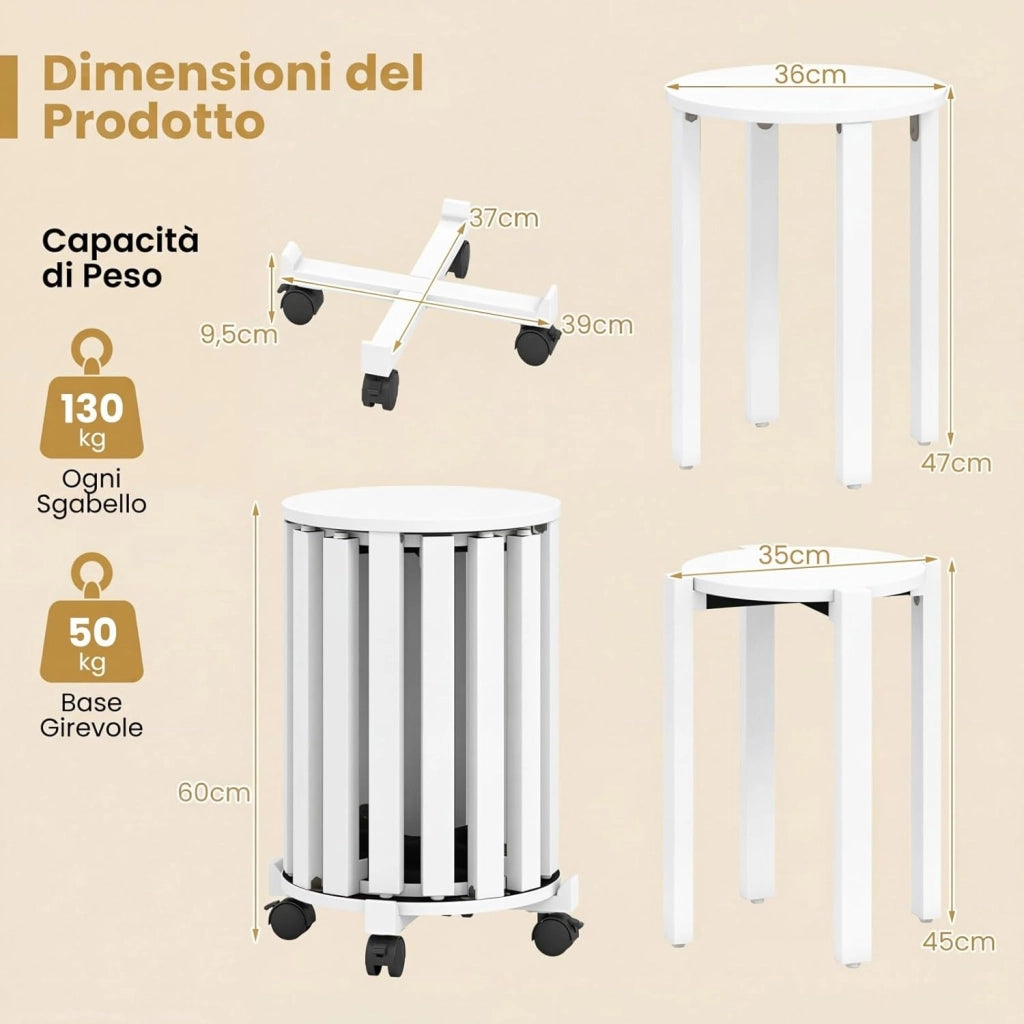 Set di 4 Sgabelli Impilabili 4 in 1, Sgabelli in Legno con Portavaso con Rotelle, 2 Grandi Ø36 cm e 2 Piccoli Ø35 cm, Tavolino Laterale Rotondo per Soggiorno e Camera da Letto (Bianco)