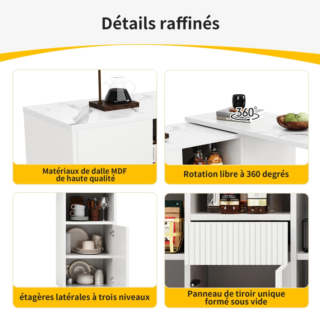 Mobile Bar Girevole a 360° con Vani Aperti e Chiusi; Piano Effetto Marmo; in MDF; 210x30x100;9 cm; Bianco