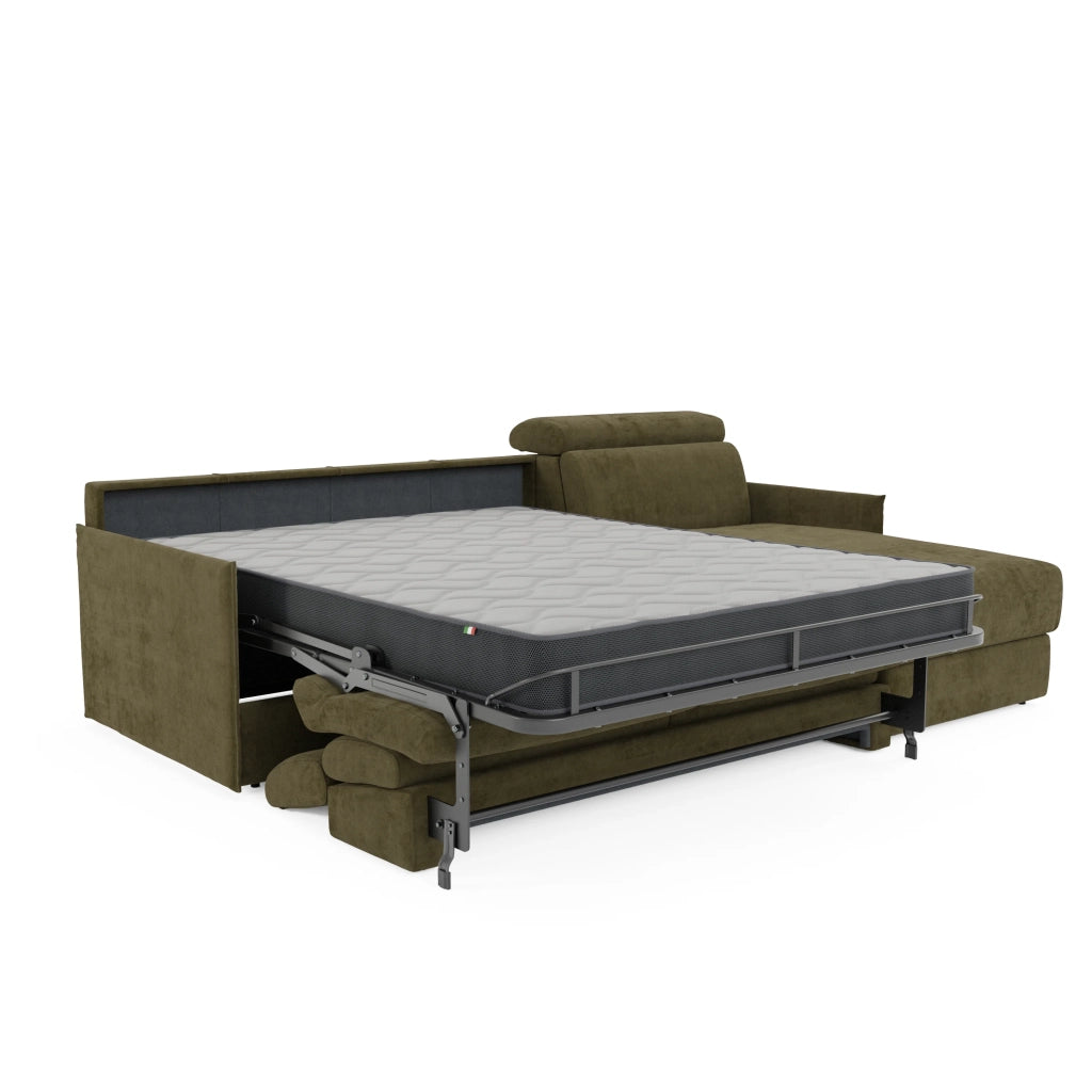Miryam divano letto angolare compatto - poggiatesta reclinabili e penisola contenitore in tessuto smacchiabile T31 252 cm destro verde felce