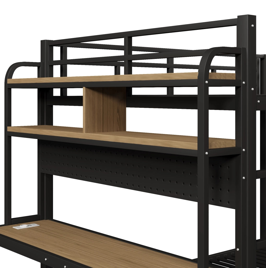 Letto a castello 140x200 cm con struttura in ferro, scrivania, luce LED e porta USB, nero