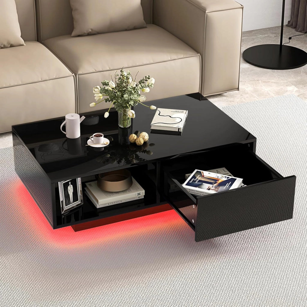 Tavolino da Salotto in Legno, Tavolino Moderno e Rettangolare con 20 Colori di Luci a LED, Telecomando, Cassetto e Ripiano Aperto, Tavolino per Studio e Ufficio (Nero)