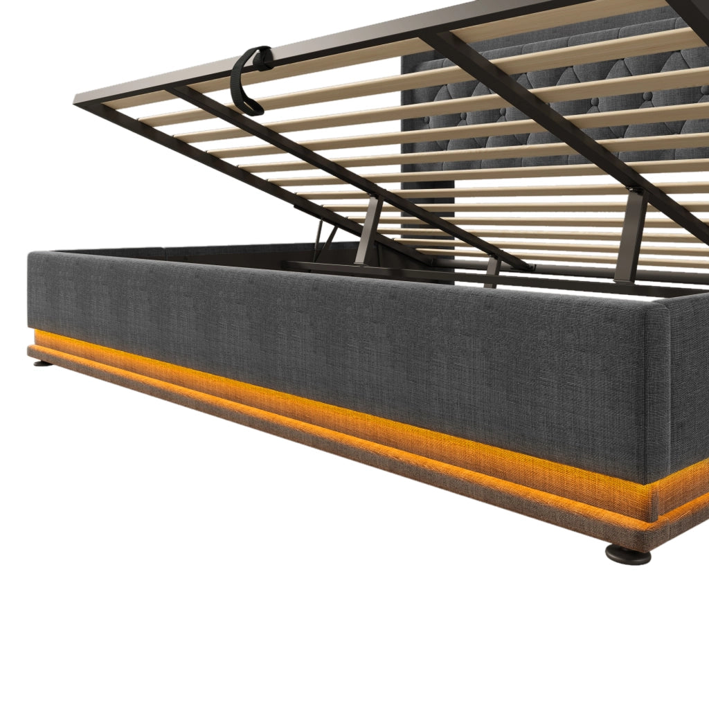 Letto Contenitore 180x200 cm; Letto Matrimoniale - LED; USB e Type-C - in Lino - Grigio