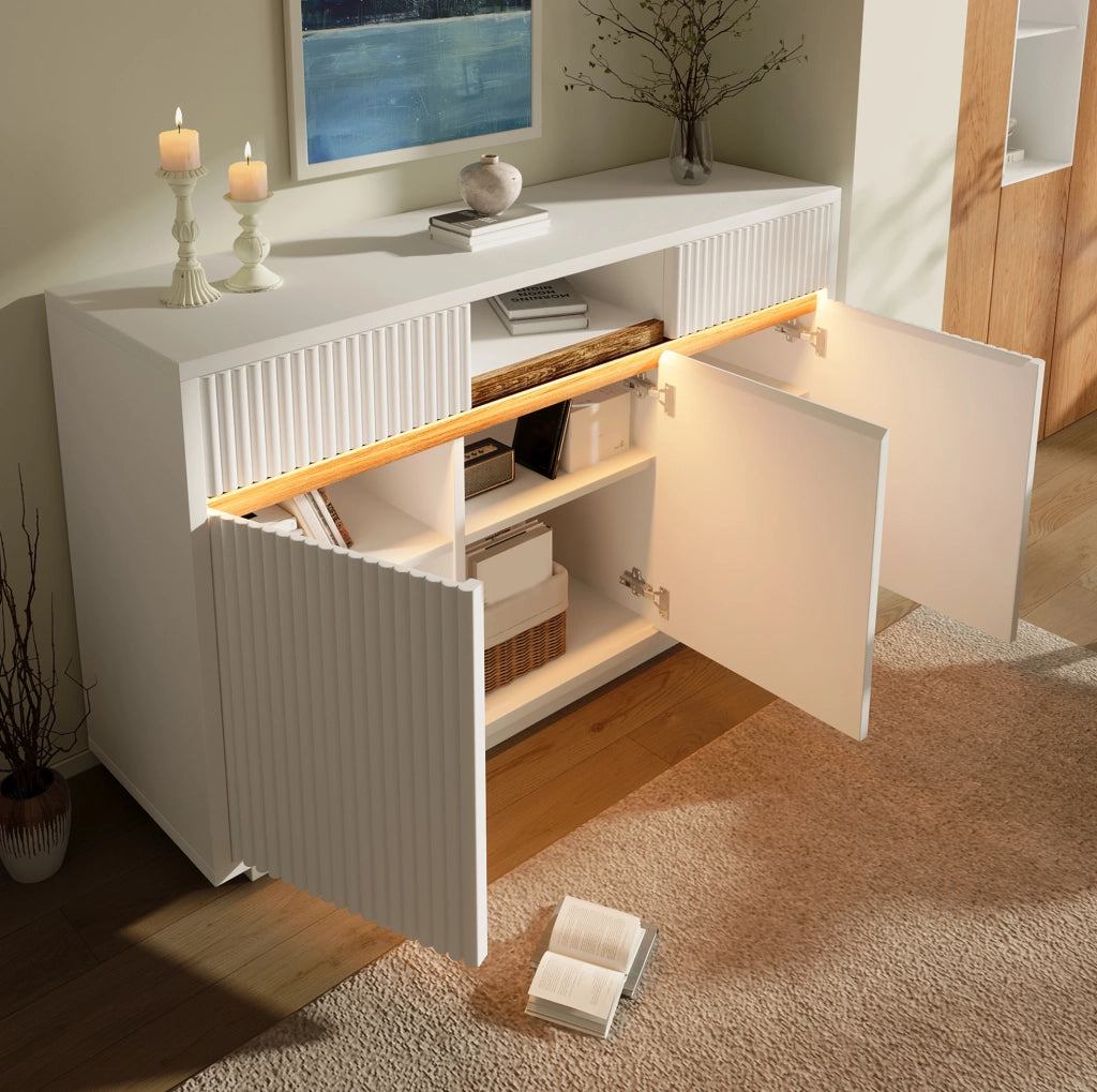 Madia 140x40x85 cm bianca in MDF con LED e ripiani regolabili