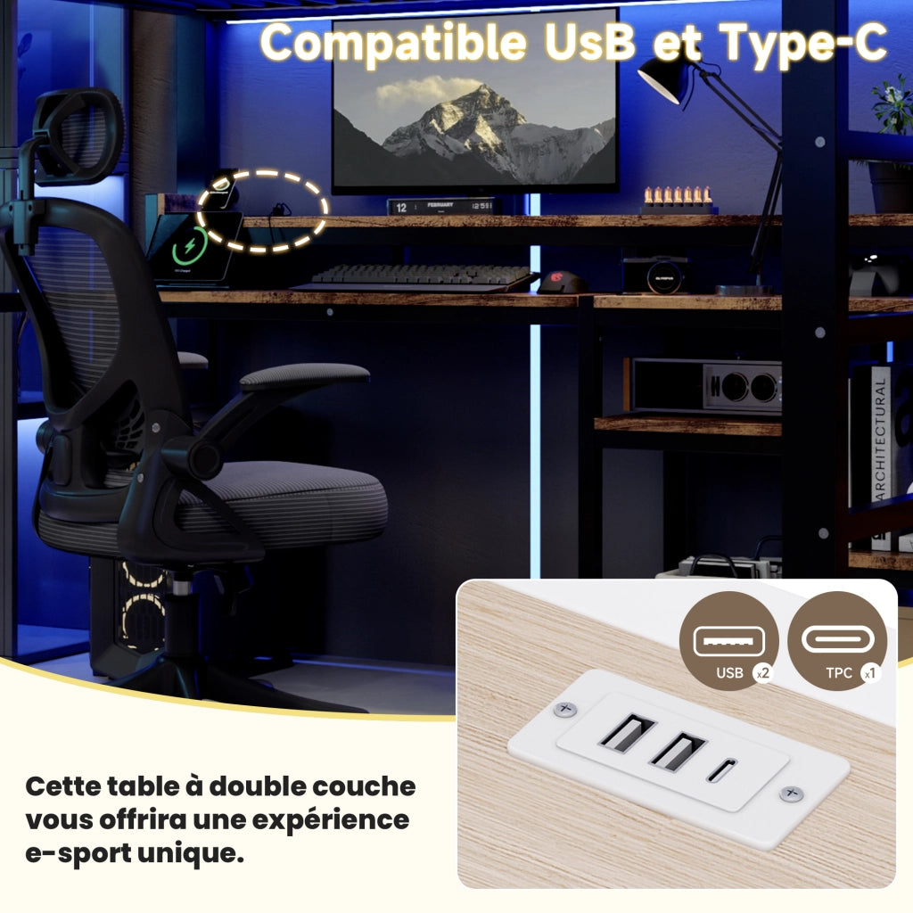 Letto a soppalco 140x200 cm per 2 persone con scala contenitore, prese USB/Type-C, ripiano e illuminazione LED, metallo nero