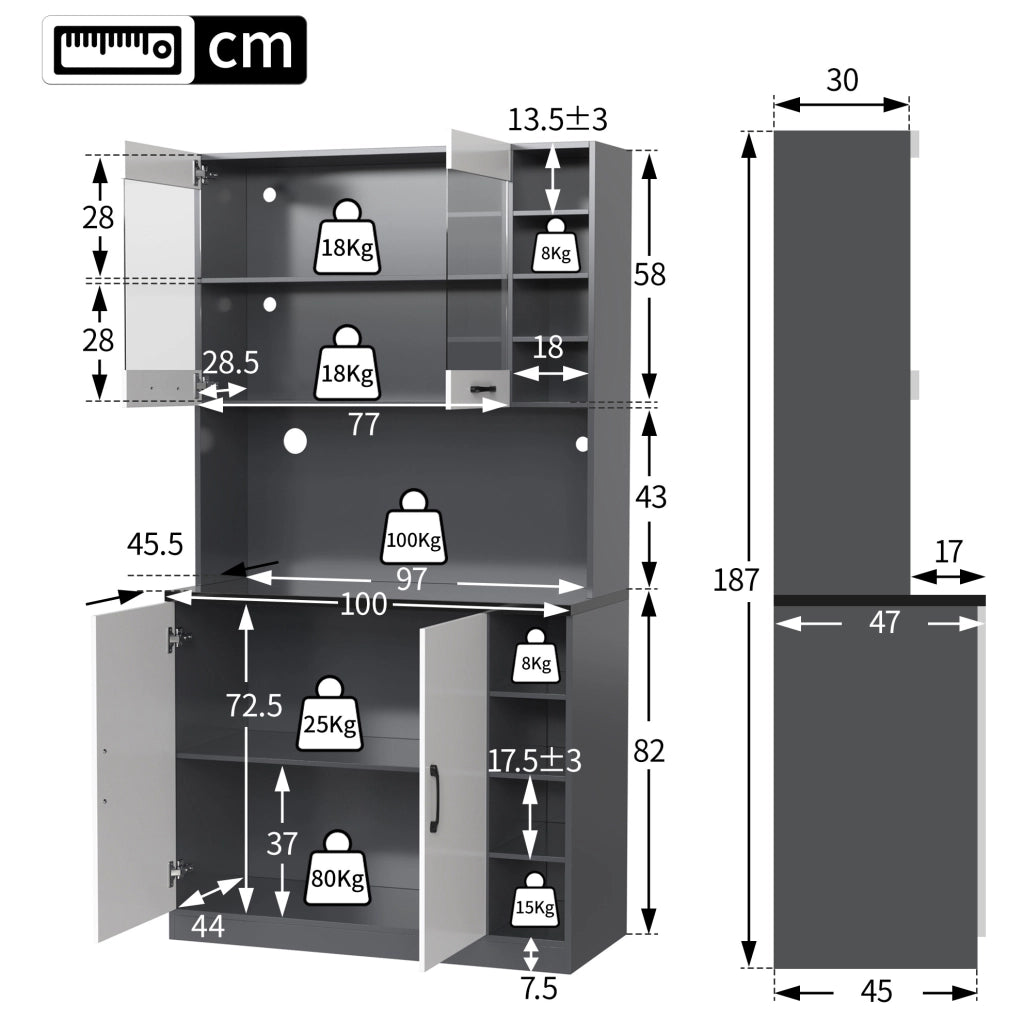 Credenza cucina 100x47x187 cm con illuminazione LED; vetro rinforzato; MDF; grigio bianco