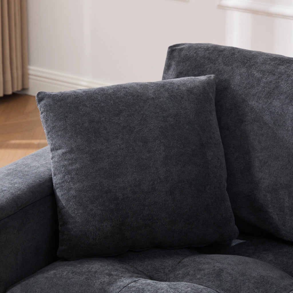 Divano 2 posti con contenitore nei braccioli e tasche laterali in chenille grigio scuro