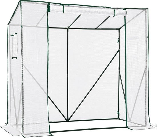 Tomatenkasse, cassa per pomodoro, tomatenkas balkon, tomatenkas, stabile, 200 x 77,5 x 149/170 cm, con rete in PE e lente, tetto inclinato, giardino, bianca