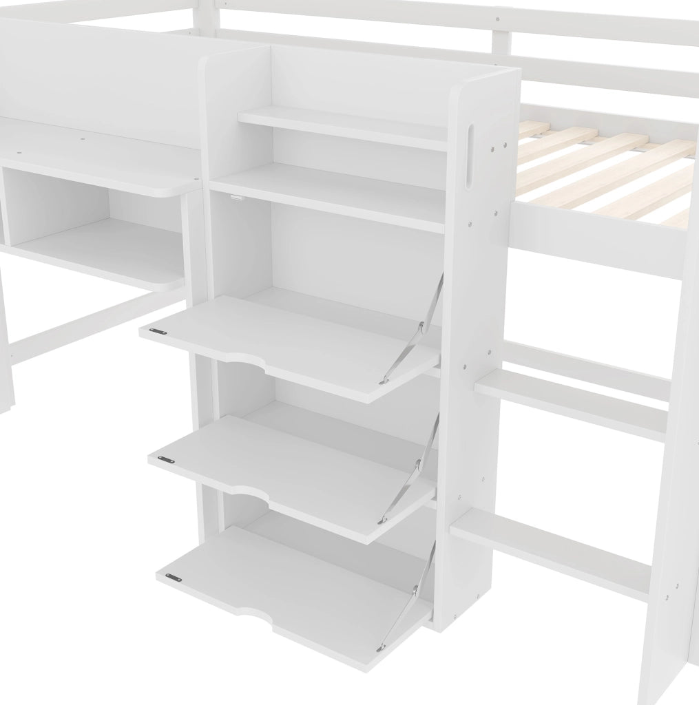 Letto a soppalco 90x200 cm con spazio contenitore in pino bianco