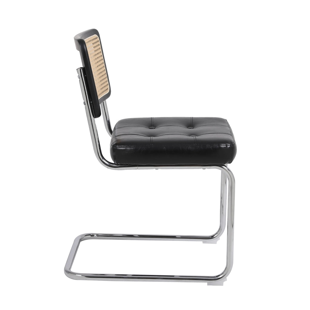 Sedie da Pranzo Set 2 Pezzi ¨C MINIMAL ¨C Rattan, Ecopelle, Schienale a Rete, Gambe in Metallo, Nero