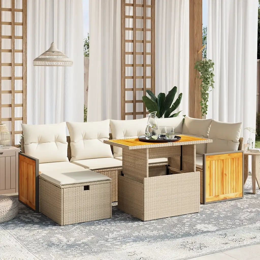 Set Divani da Giardino 7 pz con Cuscini Beige in Polyrattan