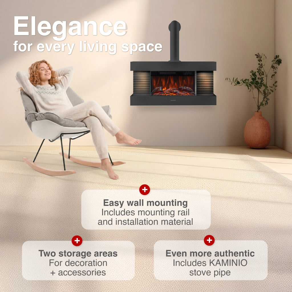 KAMINIO Camino elettrico LIZ con tubo del camino - Camino da parete con riscaldamento, fiamma 3D, luce ambiente a LED, telecomando - Nero