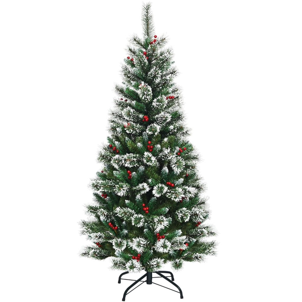 Albero di Natale 180 cm innevato e non illuminato, Abete artificiale con bacche rosse