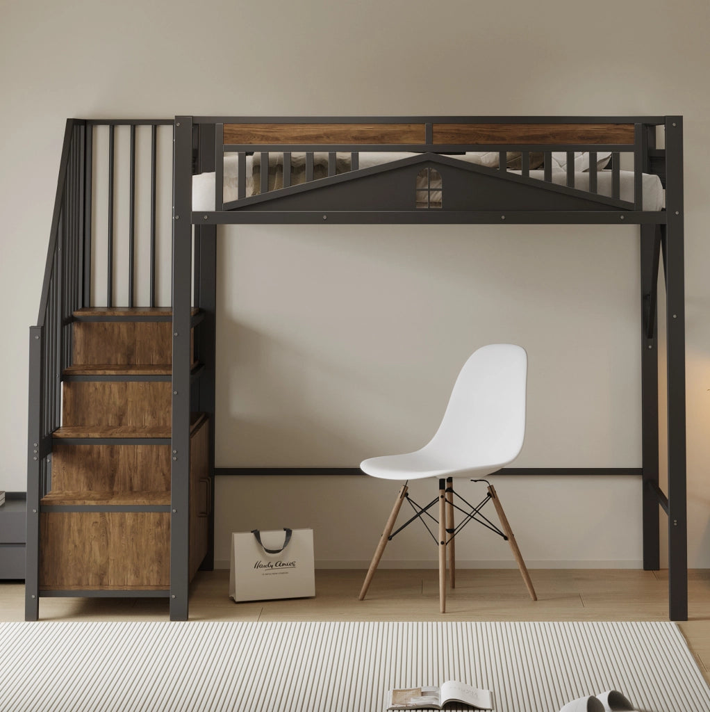 Letto a soppalco 90x200 cm con scala; contenitore e finestra in metallo e legno nero
