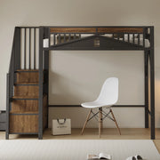 Letto a soppalco 90x200 cm con scala; contenitore e finestra in metallo e legno nero