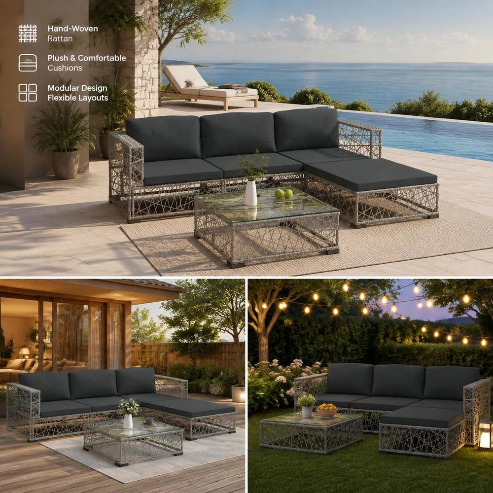 5-piece Garden Lounge Set With Cushions, Poly Rattan, Grey