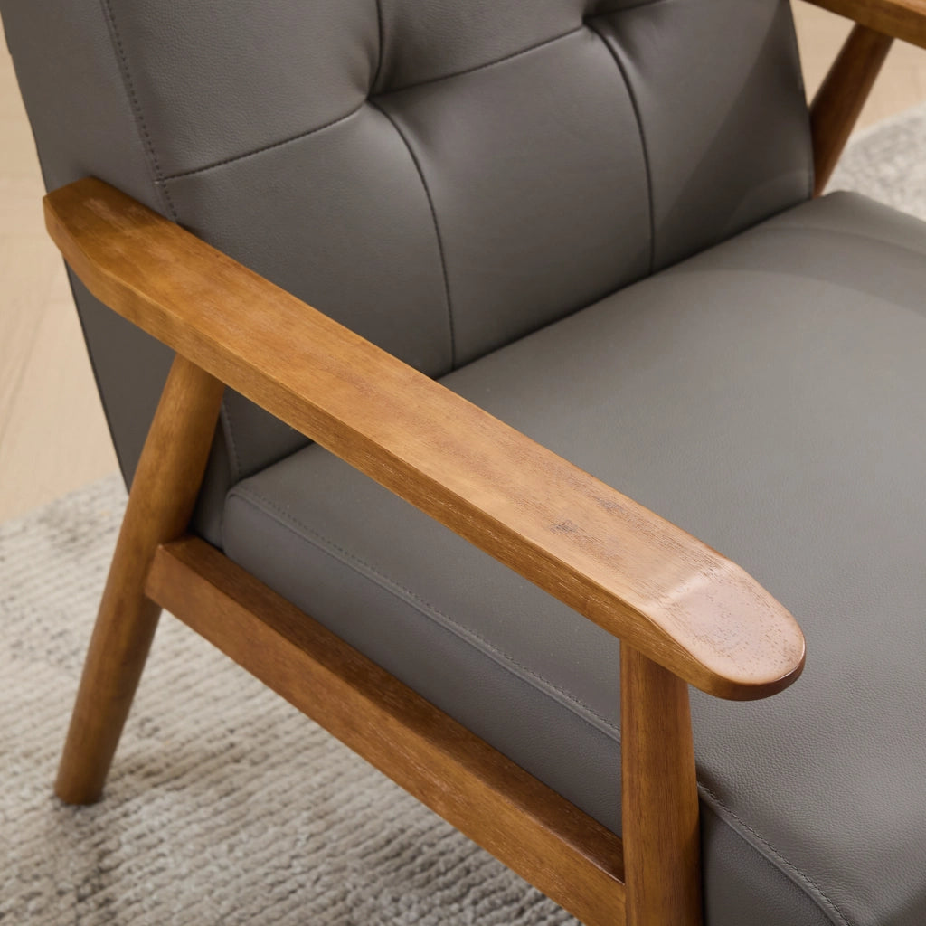 Fauteuil in pelle con struttura in legno e cuciture pull-point per soggiorno camera da letto home office grigio