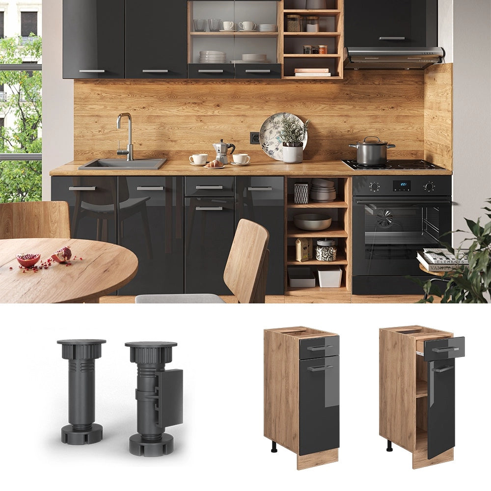 Mobiletto base per cucina R-Line Antracite lucido/Rovere dorato 30 cm senza piano di lavoro Vicco