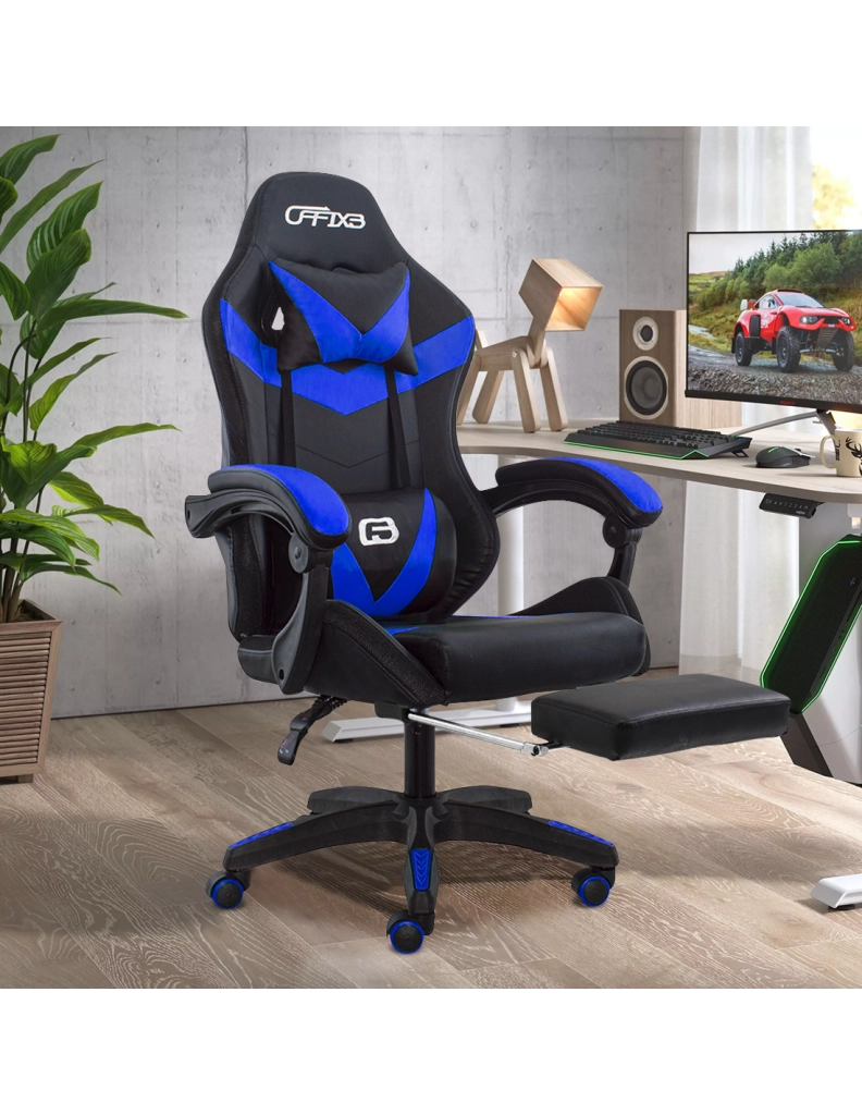 Sedia da Gaming Ergonomica 66x60x134 cm con Poggiapiedi in Similpelle Blu